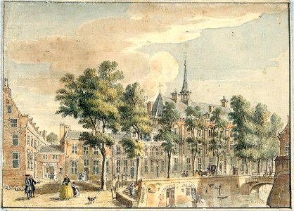 HUA-37638-Gezicht op de Kromme Nieuwegracht te Utrecht met de kapel van het St Hieronymushuis en links de toegangspoort van de Latijnse School uit het noorden. Free illustration for personal and commercial use.