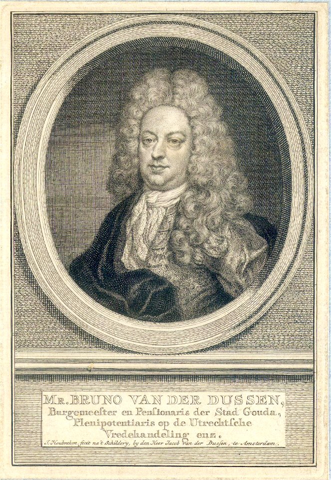 HUA-38894-Portret van Bruno van der Dussen geboren 1660 afgevaardigde op de vredesonderhandelingen te Utrecht 1712 1714 overleden 1742 Borstbeeld links in ovaal