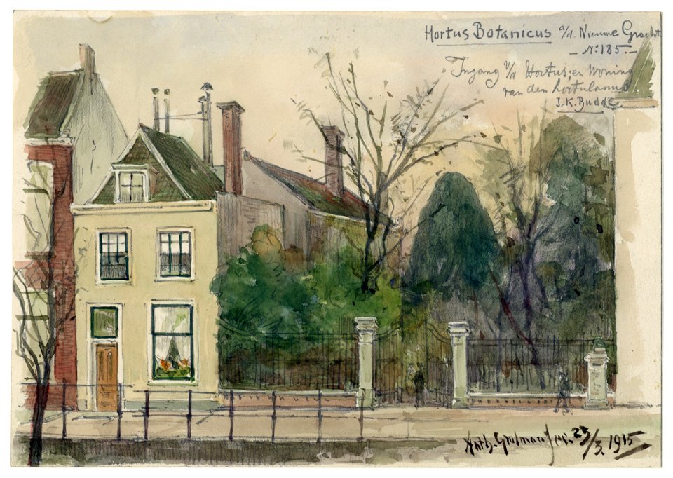 HUA-39376-Gezicht op het hek van de Hortus Botanicus aan de Nieuwegracht te Utrecht met de voor en zijgevel van het huis van de hortulanus Nieuwegracht 185