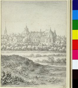 HUA-38341-Gezicht op de gebouwen van het Heilige Kruisgasthuis aan de Steenstraat te Utrecht vanaf de Kruissteeg met op de achtergrond de toren van de Jacobiker