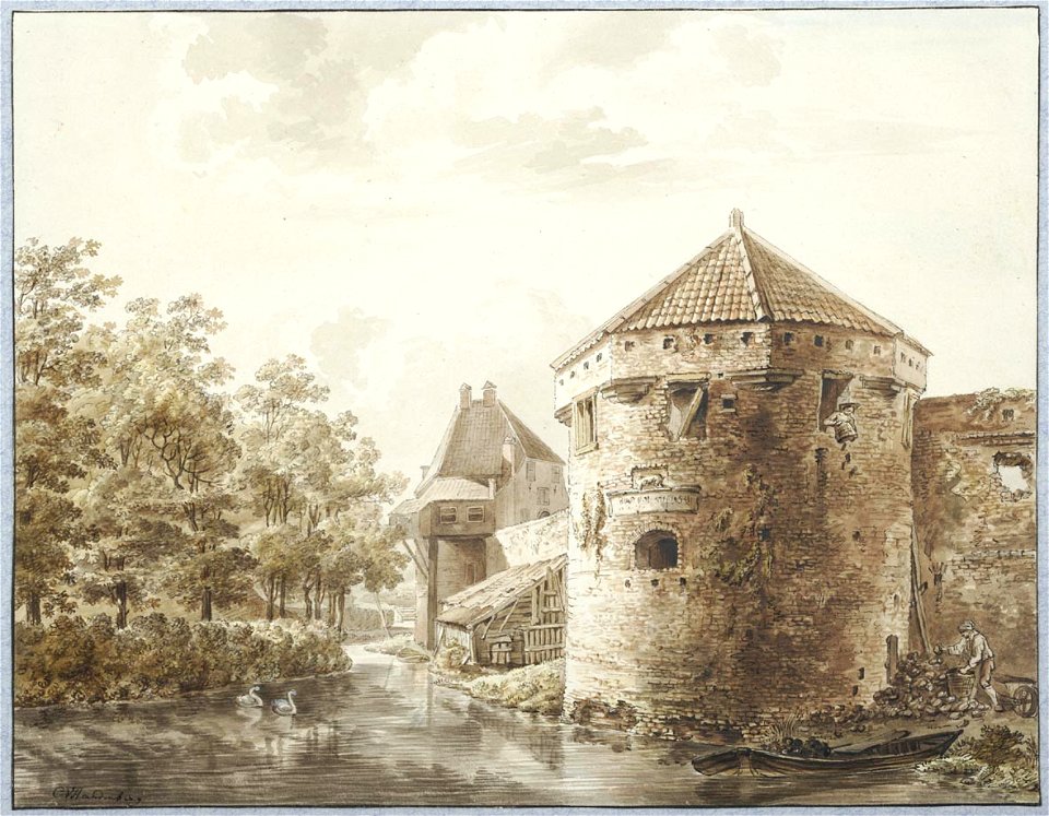 HUA-36662-Gezicht over de stadsbuitengracht op de stadswal te Utrecht uit het noordwesten met de toren de Vos en op de achtergrond de toren de Wolf en links een