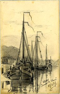 HUA-39411-Gezicht op enkele vrachtschepen in de Vecht te Utrecht ter hoogte van de Rodebrug