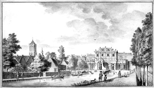 HUA-36481-Gezicht over de Leidsche Rijn vanaf de Leidseweg op de stad Utrecht uit het zuidwesten met op de achtergrond de toren van de Jacobikerk en de Catharij