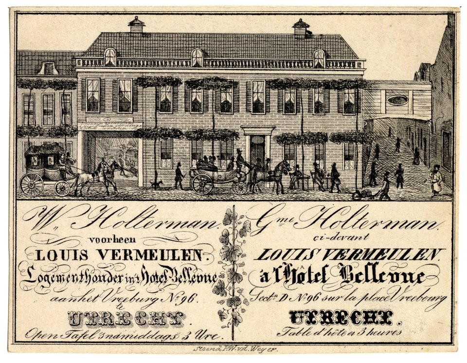 HUA-38197-Gezicht op de voorgevel van het hotel Bellevue Vredenburg 4 te Utrecht met rechts de Drieharingstraat
