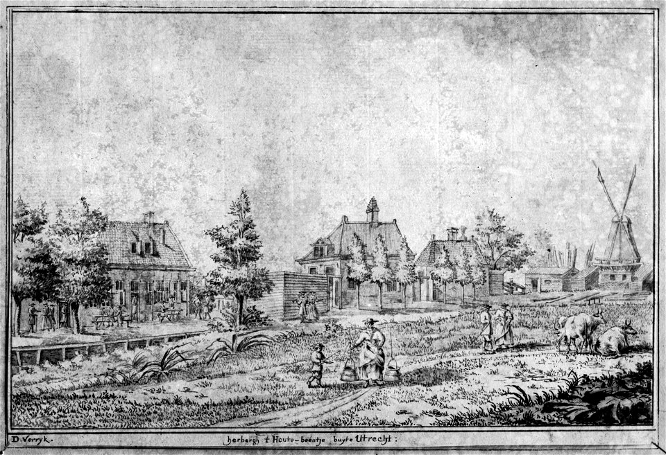 HUA-38214-Gezicht op de herberg t Houtenbeentje aan het Zwarte Water te Utrecht met rechts de zaagmolen De Haas en de molenwerf