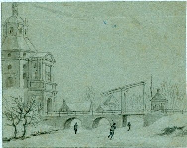 HUA-36606-Gezicht over de bevroren stadsbuitengracht te Utrecht op de Wittevrouwenpoort en brug met rechts het wachthuisje