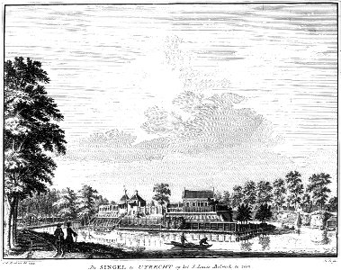 HUA-36724-Gezicht vanaf de singel over de stadsbuitengracht op de noordwesthoek van het Begijnebolwerk te Utrecht met op de achtergrond de stadswal met de toren