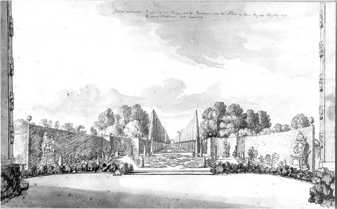 HUA-37966-Gezicht in de tuin van het huis Zijdebalen aan de Vecht te Utrecht uit het noordoosten vanaf het Bergje over de parterre in de hoofdas van de tuin