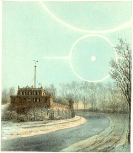 HUA-38471-Gezicht over de stadsbuitengracht te Utrecht op het Meteorologisch Observatorium op het bolwerk Zonnenburg met een dubbele halo in de lucht