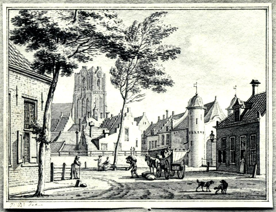 HUA-6341-Gezicht in de stad Wijk bij Duurstede met rechts de Veldpoort en op de achtergrond de toren van de Grote Kerk