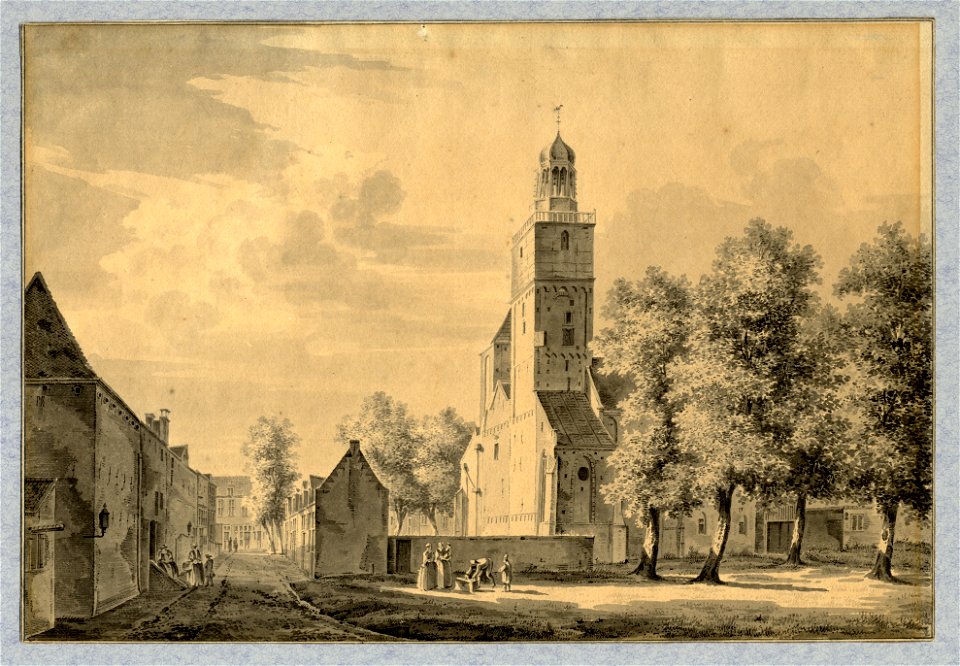 HUA-37465-Gezicht op de westpartij van de Nicolaikerk op het Nicolaaskerkhof te Utrecht uit het zuidwesten met links de gebouwen van het voormalige St Nicolaask