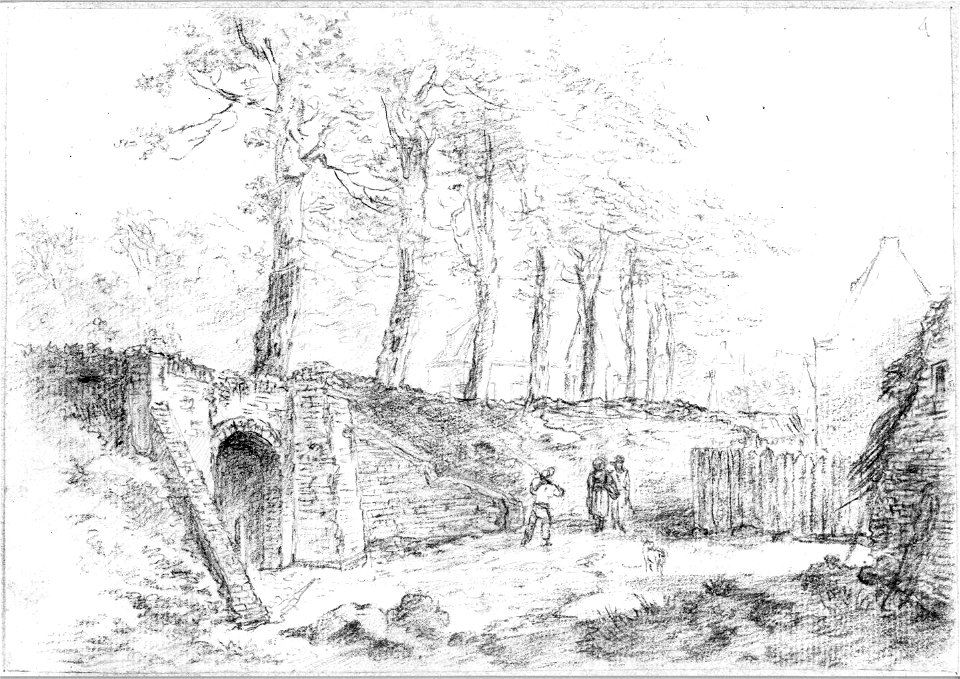 HUA-36734-Gezicht op de binnenzijde van de stadswal te Utrecht uit het zuidwesten met het Begijnewaterpoortje op de achtergrond tussen de bomen de toren de Beer