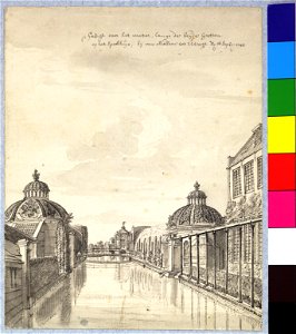 HUA-37974-Gezicht uit het zuidwesten vanuit het Speelhuis in de tuin van het huis Zijdebalen aan de Vecht te Utrecht over de Westerstroom op de nieuwe fabriek m
