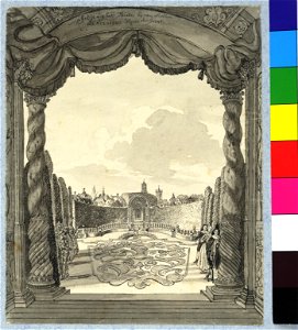 HUA-37970-Gezicht vanuit het theater in de tuin van het huis Zijdebalen aan de Vecht te Utrecht met op de achtergrond de torens van de Domkerk de Jacobikerk en 