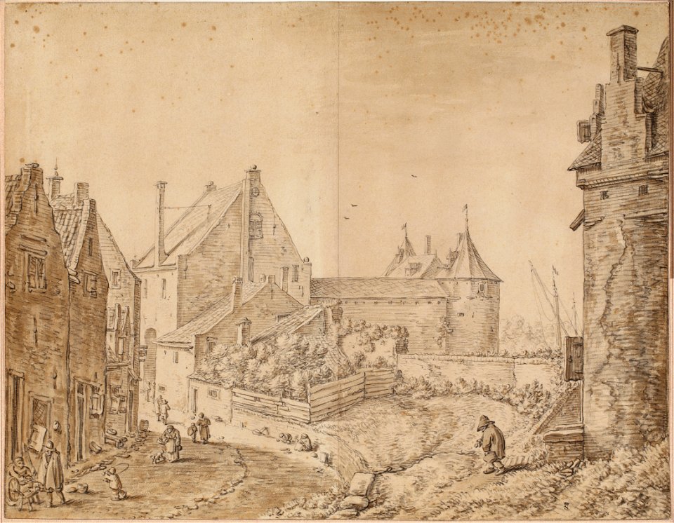 HUA-827374-Gezicht vanaf de stadswal te Utrecht op de Weerdpoort en rechts een gedeelte van de toren de Bok uit het oosten met links de Achterstraat