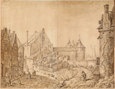 HUA-827374-Gezicht vanaf de stadswal te Utrecht op de Weerdpoort en rechts een gedeelte van de toren de Bok uit het oosten met links de Achterstraat. Free illustration for personal and commercial use.