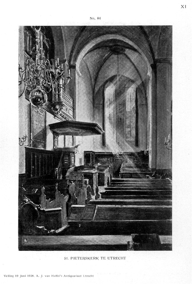 HUA-37160-Interieur van de Pieterskerk Pieterskerkhof te Utrecht gezicht vanuit het noordertransept in het zuidertransept uit het noorden met de preekstoel tege