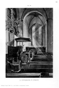HUA-37160-Interieur van de Pieterskerk Pieterskerkhof te Utrecht gezicht vanuit het noordertransept in het zuidertransept uit het noorden met de preekstoel tege