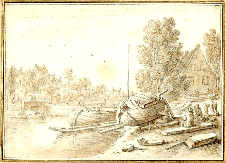HUA-38642-Gezicht op de Vaartsche Rijn te Utrecht met het scheepswerfje en een huis op de oostelijke oever de Helling en links de voorloper van de Jeremiebrug i