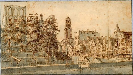 HUA-35742-Gezicht op de Oudegracht te Utrecht tussen de Jansbrug en de Stadhuisbrug vanaf de westzijde van de gracht uit het noordwesten met de Bakkerbrug en li