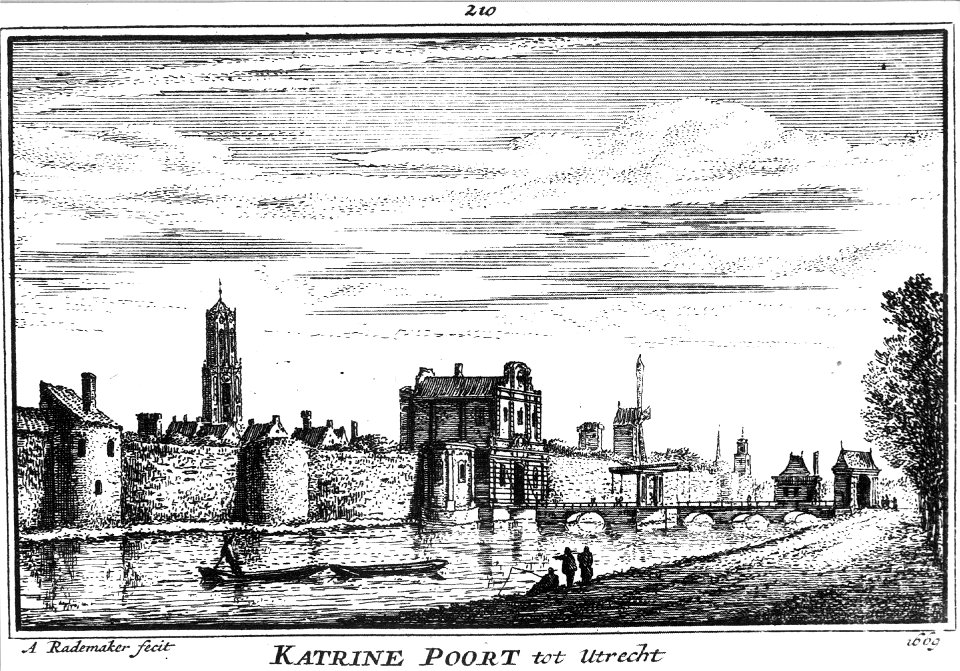 HUA-36287-Gezicht vanaf de singel over de stadsbuitengracht te Utrecht op de wal met de Catharijnepoort en brug uit het noorden Op de voorgrond figuren met hand