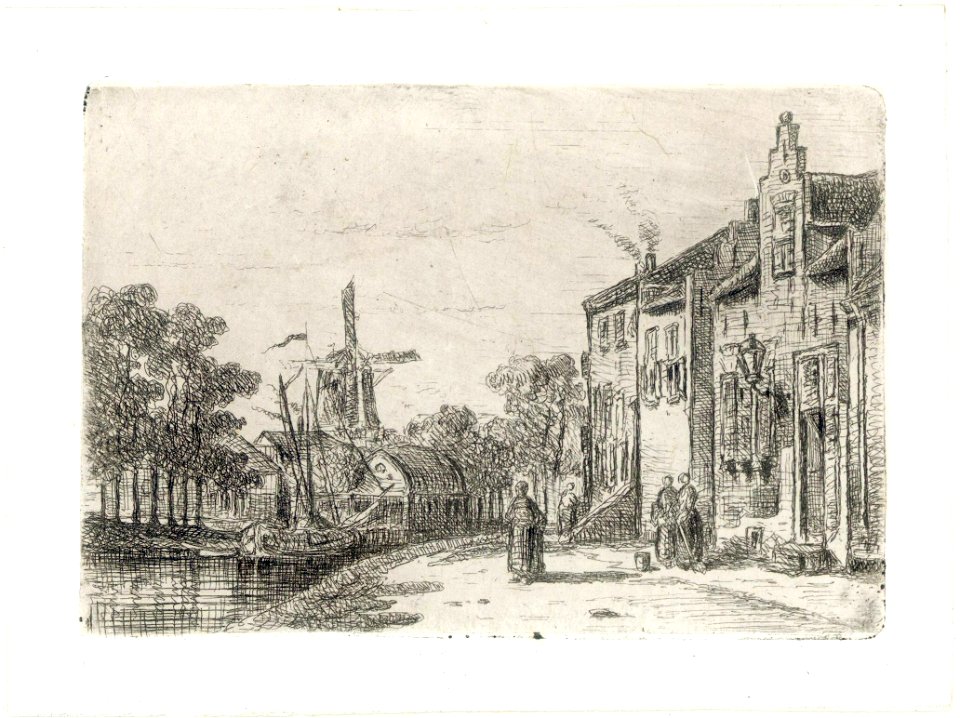 HUA-38652-Gezicht op enkele huizen langs de Vecht te Utrecht vermoedelijk aan de Lagenoord met de molen Het Schaap aan het Zwarte Water op de achtergrond