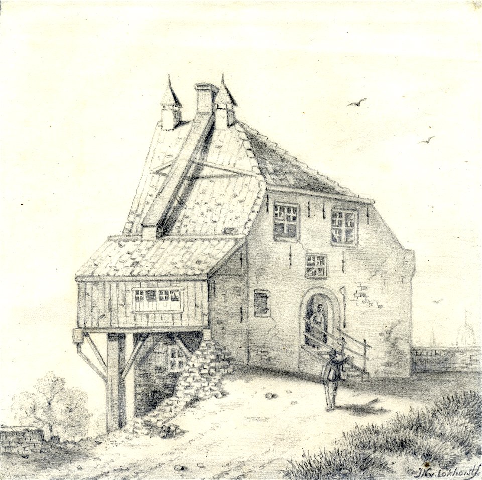 HUA-36652-Gezicht bovenop de stadswal te Utrecht met de toren de Wolf en een gedeeltelijk ingestorte borstwering van de stadsmuur uit het noordwesten