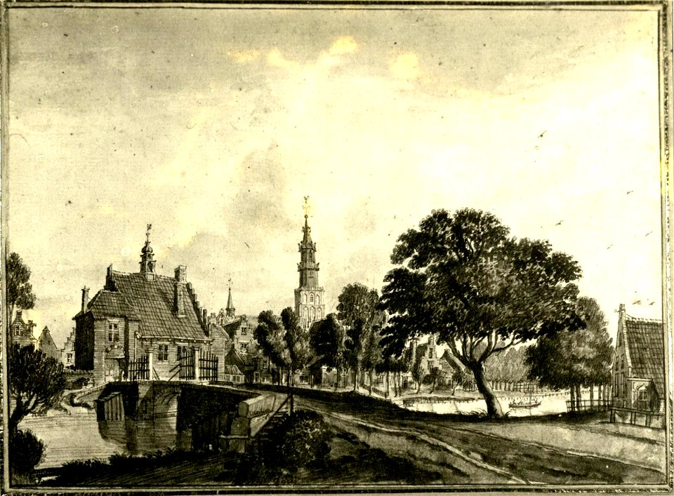 HUA-6417-Gezicht op de stad Montfoort met op de voorgrond de Hollandsche IJssel links de IJsselbrug de IJsselpoort en het stadhuis en op de achtergrond de tore