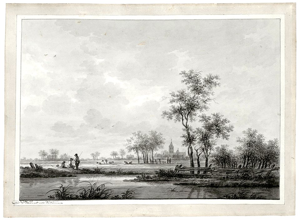 HUA-809942-Gezicht op een landschap met een kronkelende rivier en op de achtergrond het dorp Jutphaas
