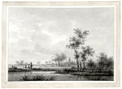 HUA-809942-Gezicht op een landschap met een kronkelende rivier en op de achtergrond het dorp Jutphaas