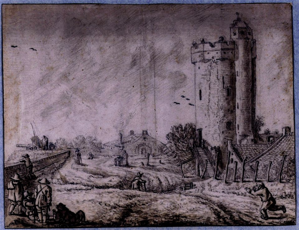 HUA-37255-Gezicht bovenop de stadswal te Utrecht met de Bijlhouwerstoren uit het oosten met links een kanon aan de rand van het bastion Sterrenburg