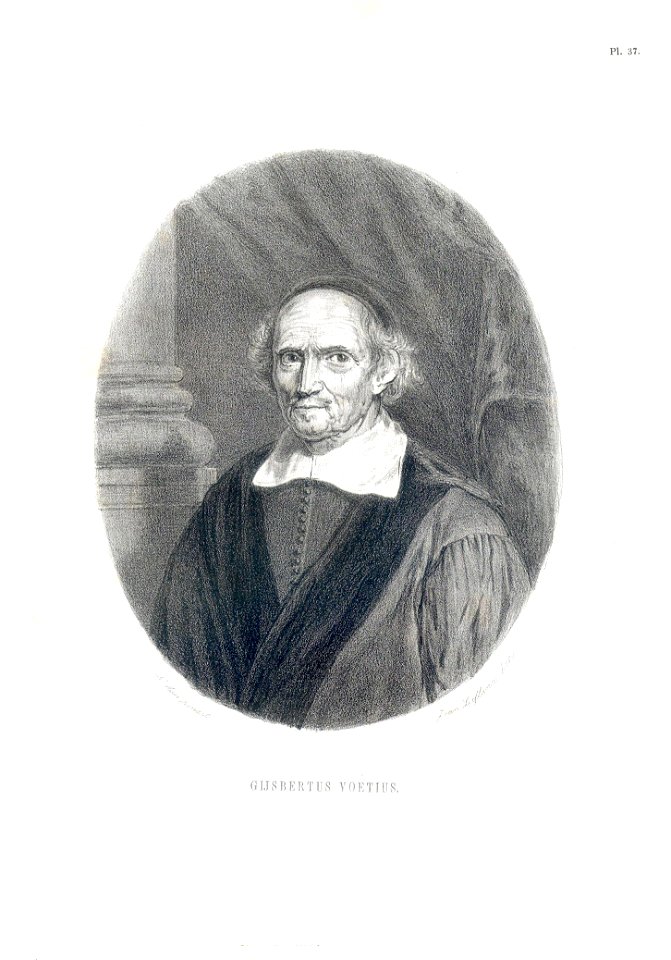 HUA-39297-Portret van Gijsbert Voet geboren 1589 hoogleraar in de theologie aan de Utrechtse hogeschool 1634 1676 overleden 1676 Te halve lijve links in toga in