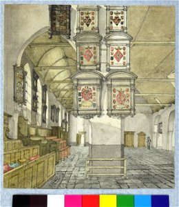 HUA-37519-Interieur van de Geertekerk te Utrecht de zuidelijke zijbeuk en het schip gezien vanuit het zuidertransept met tegen de zuidwestelijke pijler wapenbor