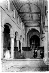 HUA-37161-Interieur van de Pieterskerk te Utrecht gezicht vanuit het middenschip naar het koor uit het westen naar het oosten