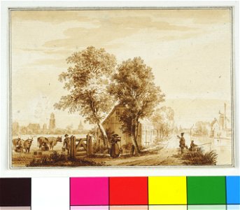 HUA-38669-Gezicht vanaf de weg langs het Zwarte Water te Utrecht op de stad met de Domkerk de Plompetoren de Domtoren en de Buurkerk en rechts de Houtzaagmolen 