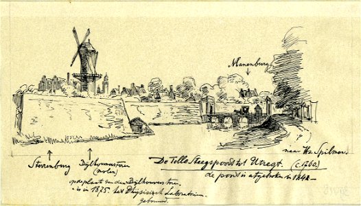 HUA-39418-Gezicht vanaf de singel over de stadsbuitengracht te Utrecht op het bastion Sterrenburg en de molen op de Bijlhouwerstoren uit het zuidwesten met rech