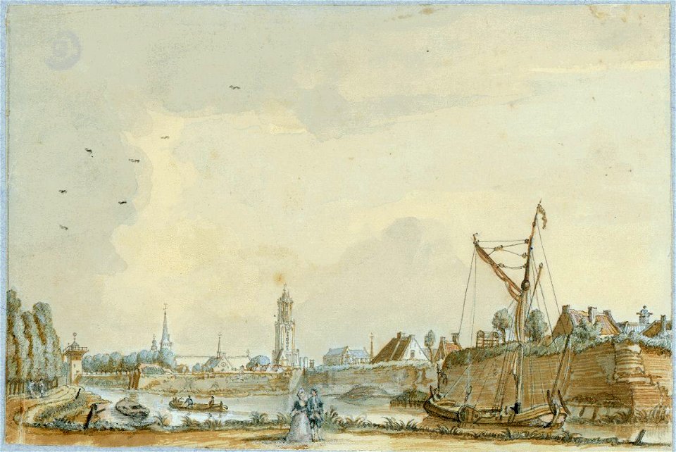 HUA-36349-Gezicht over de stadsbuitengracht op de stadswal te Utrecht uit het zuiden met links de singel op de achtergrond de Smeetoren de Geertekerk en de Domt