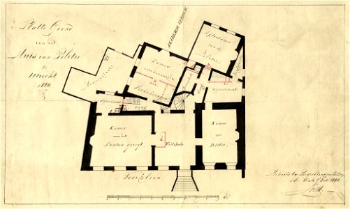 HUA-39959-Plattegrond van het politiebureau aan Achter de Dom te Utrecht met in rood aangegeven enige voorgenomen verbouwingen
