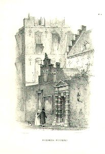 HUA-37849-Gezicht op de achterpoort van het stadhuiscomplex aan de Korte Minrebroederstraat met de achtergevel van de Stadskelder het hoekhuis aan het Oudkerkho