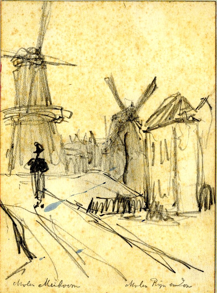 HUA-39471-Gezicht vanaf de Catharijnekade te Utrecht op het Paardenveld met de molens Meiboom en Rijn en Zon