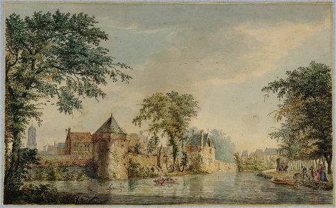 HUA-36680-Gezicht op de stadswal van Utrecht uit het oosten met de waltorens de Vos en de Beer met daartussen de verlaagde Plompetoren en de stadsmuur met de ui