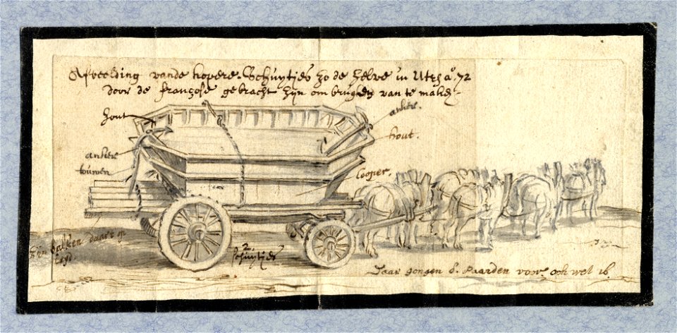 HUA-39519-Afbeelding van een kar met twee kleine met koper beslagen houten schuiten getrokken door acht paarden
