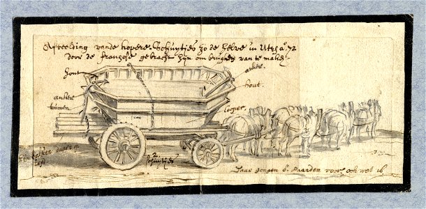 HUA-39519-Afbeelding van een kar met twee kleine met koper beslagen houten schuiten getrokken door acht paarden