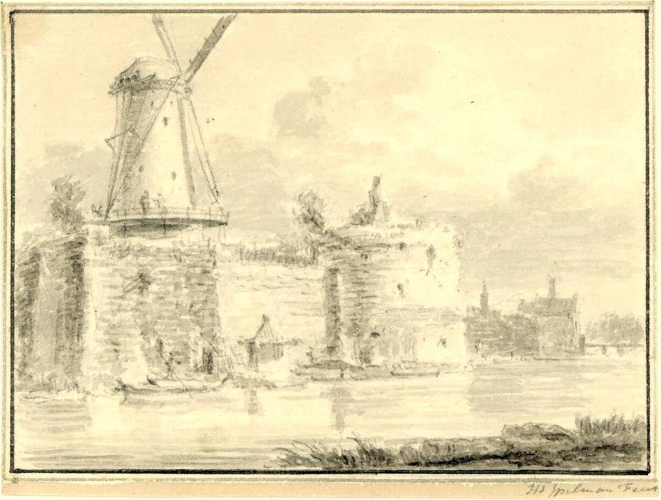 HUA-38486-Gezicht over de stadsbuitengracht te Utrecht op de overblijfselen van het voormalige kasteel Vredenburg met de molen de Fortuin op het noordwestelijke