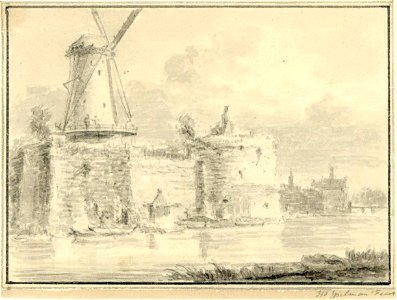HUA-38486-Gezicht over de stadsbuitengracht te Utrecht op de overblijfselen van het voormalige kasteel Vredenburg met de molen de Fortuin op het noordwestelijke. Free illustration for personal and commercial use.