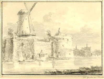HUA-38486-Gezicht over de stadsbuitengracht te Utrecht op de overblijfselen van het voormalige kasteel Vredenburg met de molen de Fortuin op het noordwestelijke