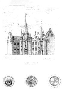 HUA-37771-Afbeelding van het Bisschopshof te Utrecht met drie medaillons met de wapens en emblemen van de bisschoppen Rudolf van Diepholt en David van Bourgondi