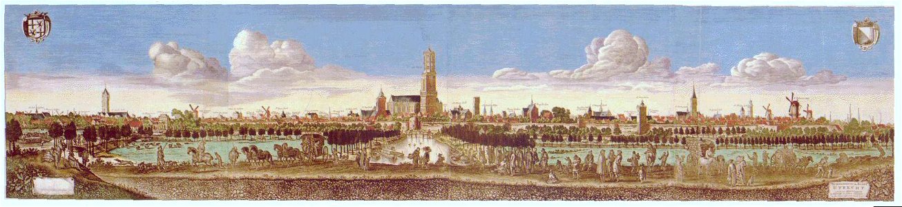 HUA-802110-Profiel van de stad Utrecht uit het westen gezien het gedeelte met de Jacobikerk en de Catharijnepoort Met de volgende gebouwen 1 St Jobsgasthuis 2 St
