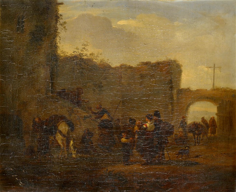 Imitator of Philips Wouwerman (Haarlem 1619-Haarlem 1668) - Mendicants in the Courtyard of a Convent being Relieved with Soup by a Friar - RCIN 402473 - Royal Collection