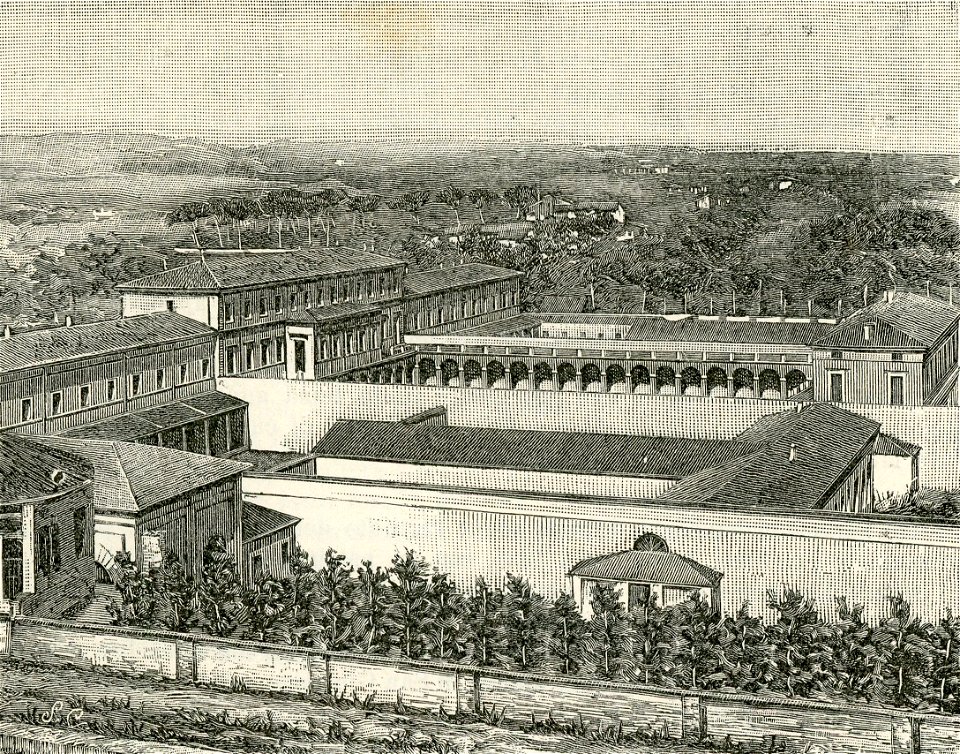 Imola veduta del manicomio xilografia